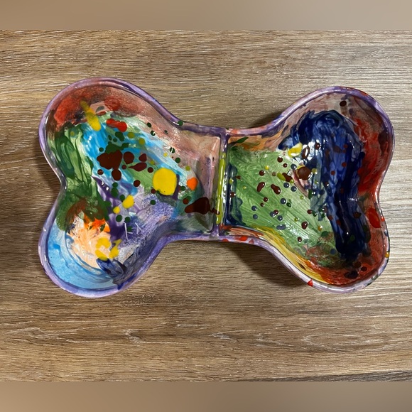 Handmade Other - Handmade Pottery Dog Bowl Double Dish Art Ceramic Colorful Unique Signed 2022
